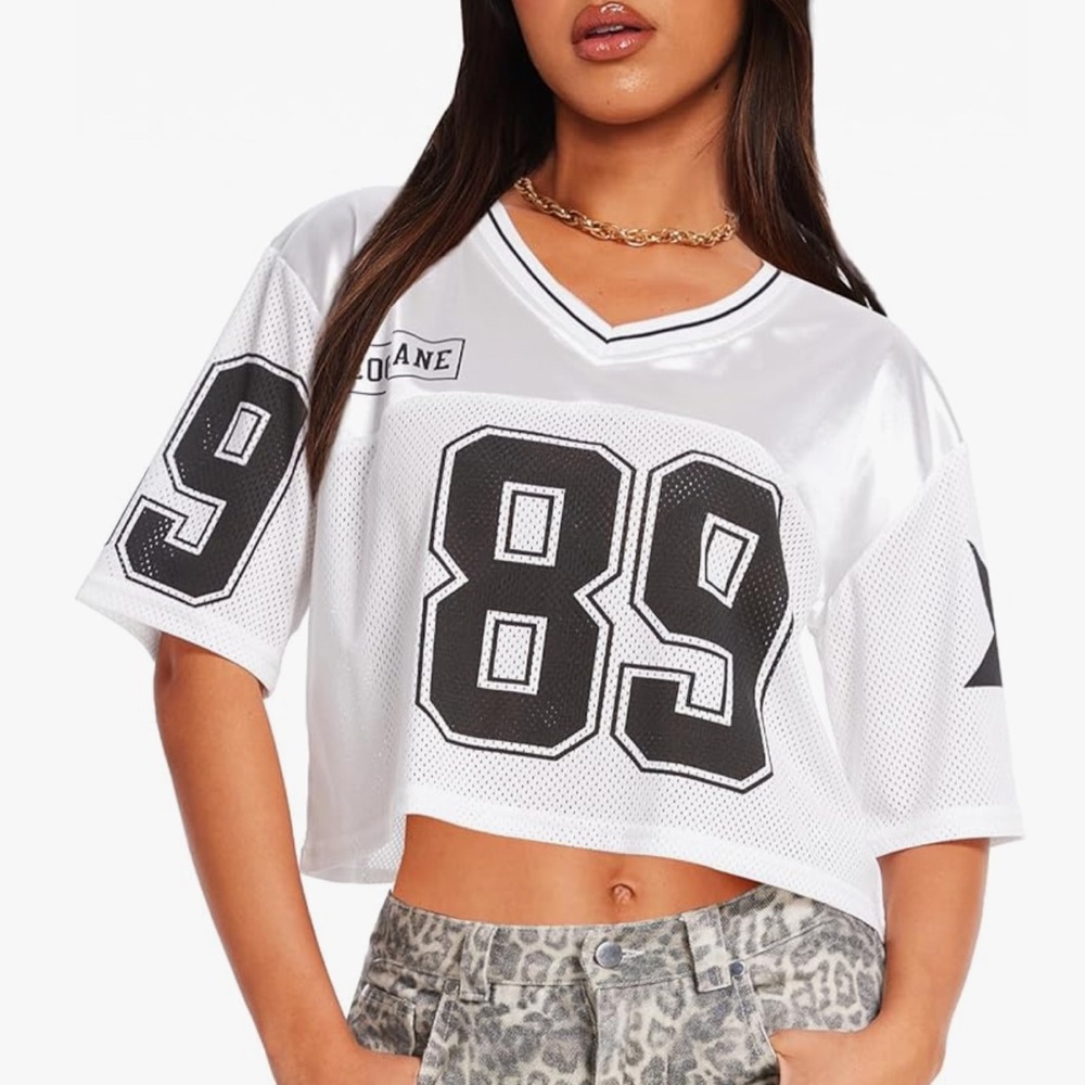 Fashion Nova White Cropped White Football Jersey 89